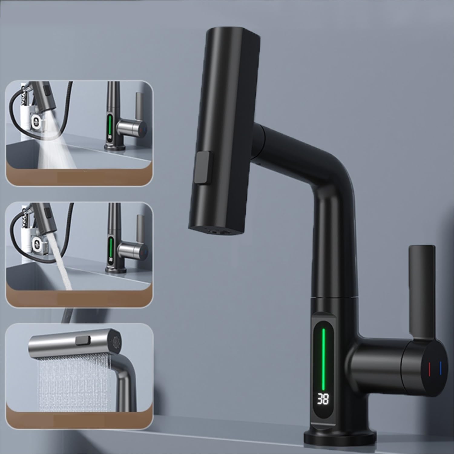 Intelligent Digital Display Faucet Pull-out Basin Faucet Temperature Digital Display Rotation - Faucet Accessories -  Trend Goods