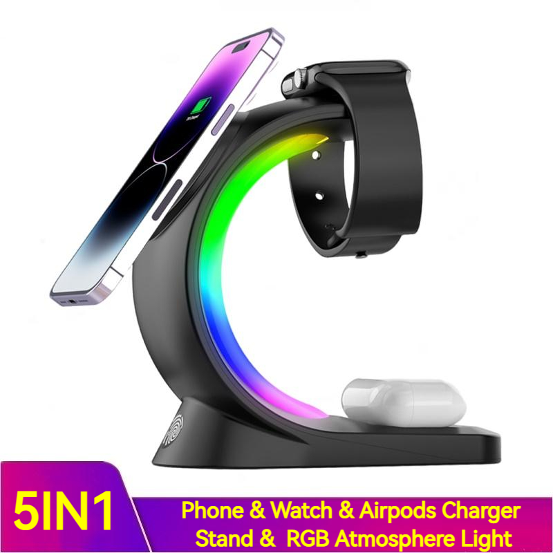 4 In 1 Magnetic Wireless Charger Fast Charging For Smart Phone Atmosphere Light Charging Station - Wireless Chargers -  Trend Goods