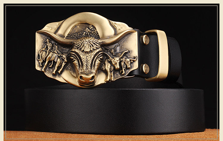 Cowhide Leather Belt With Bull Copper Buckle - Belts -  Trend Goods