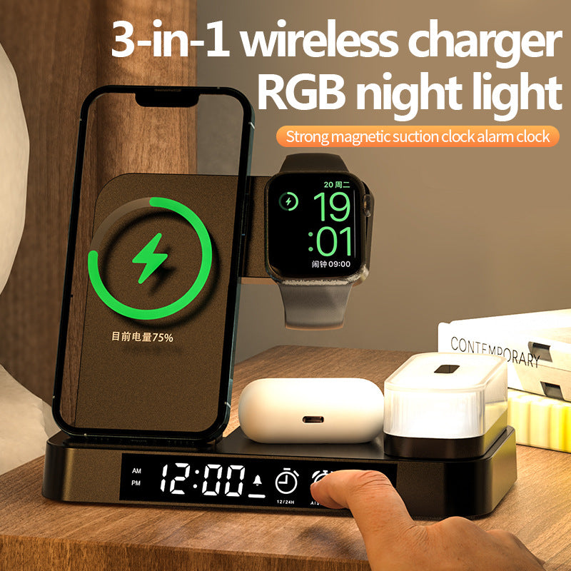 4 In 1 Multifunction Wireless Charger Station With Alarm Clock Display Foldable Wireless Charger Stand With RGB Night Light - Wireless Chargers -  Trend Goods