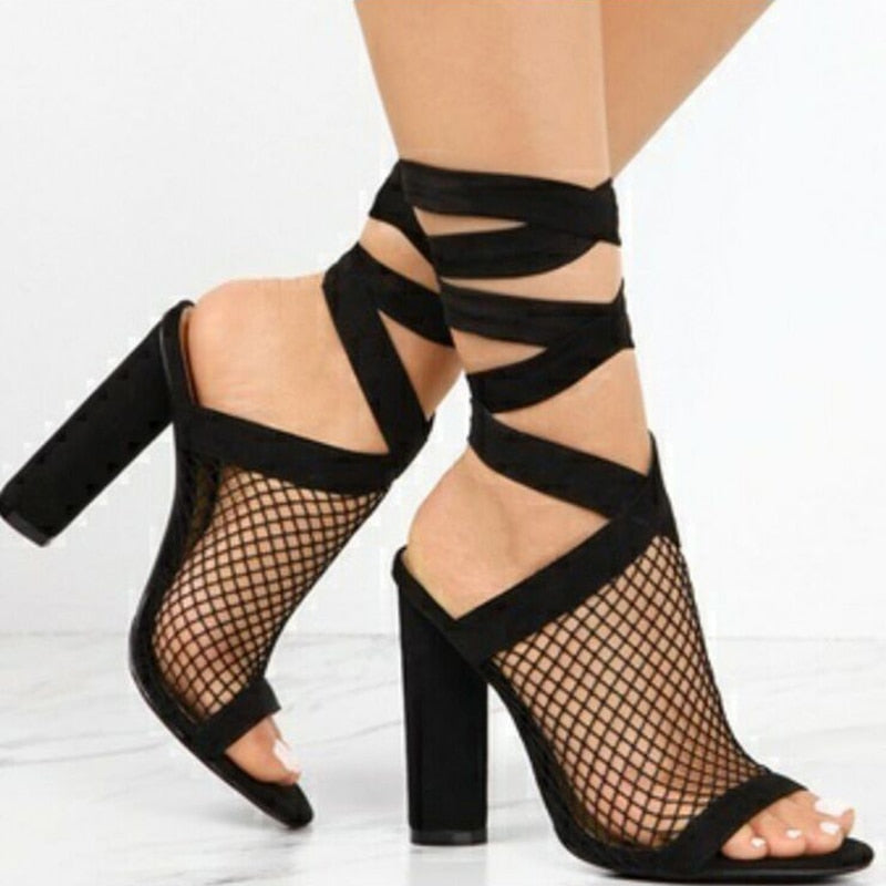 Bandage Flock Cross Strap Lace Up High Heels Sandals - Shoes -  Trend Goods