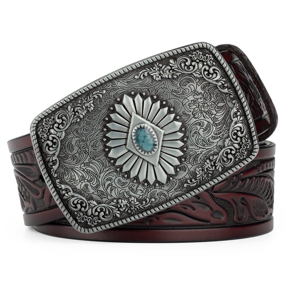 Bronze Pattern Buttoned Tang Grass Embossed Leather Belt - Belts -  Trend Goods