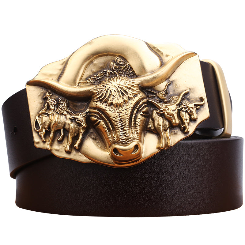 Cowhide Leather Belt With Bull Copper Buckle - Belts -  Trend Goods