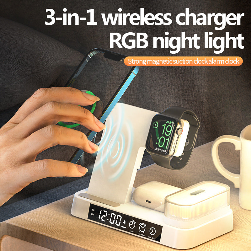 4 In 1 Multifunction Wireless Charger Station With Alarm Clock Display Foldable Wireless Charger Stand With RGB Night Light - Wireless Chargers -  Trend Goods
