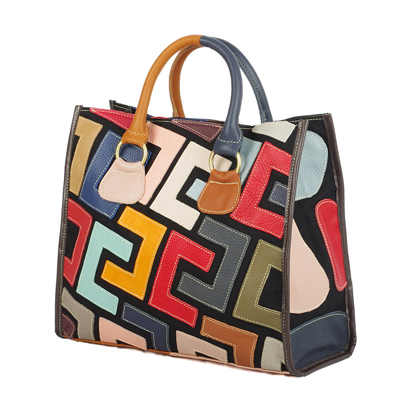 Color Contrast Geometric Pattern Stitching Leather Handbag - Handbags -  Trend Goods