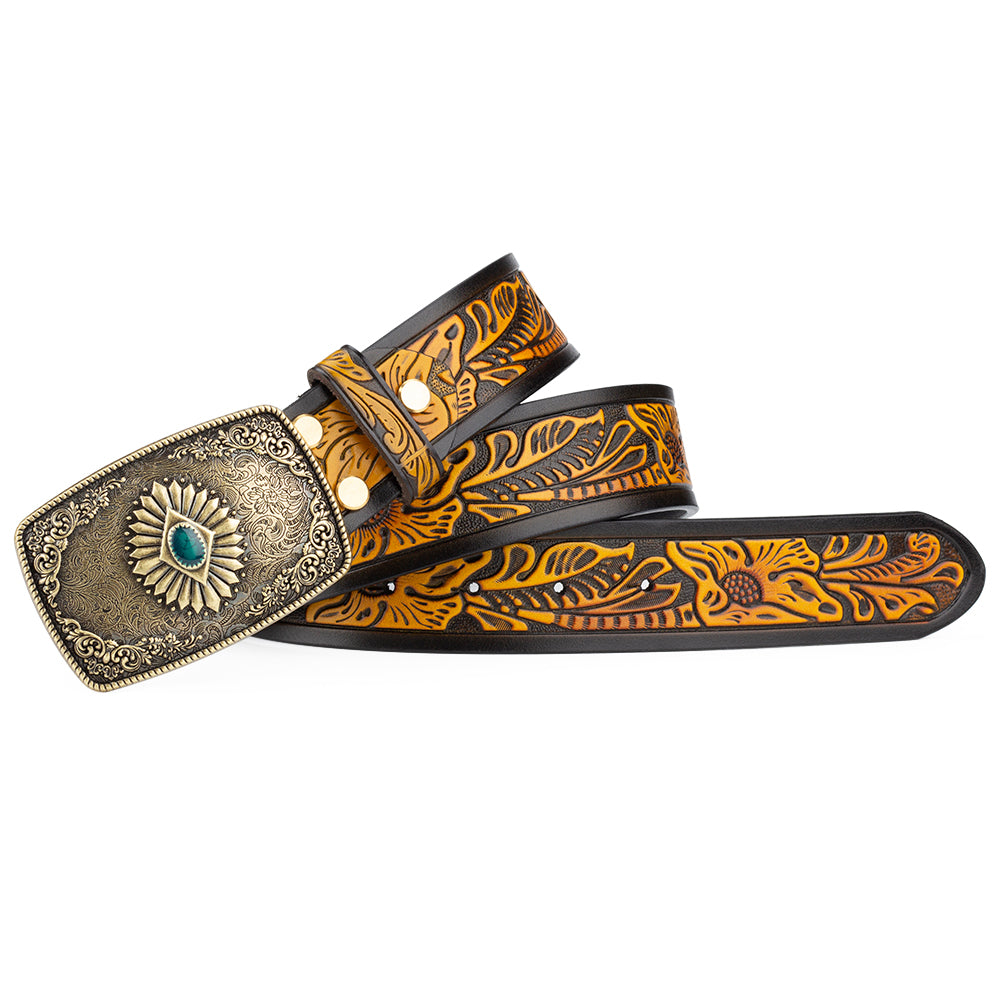 Bronze Pattern Buttoned Tang Grass Embossed Leather Belt - Belts -  Trend Goods