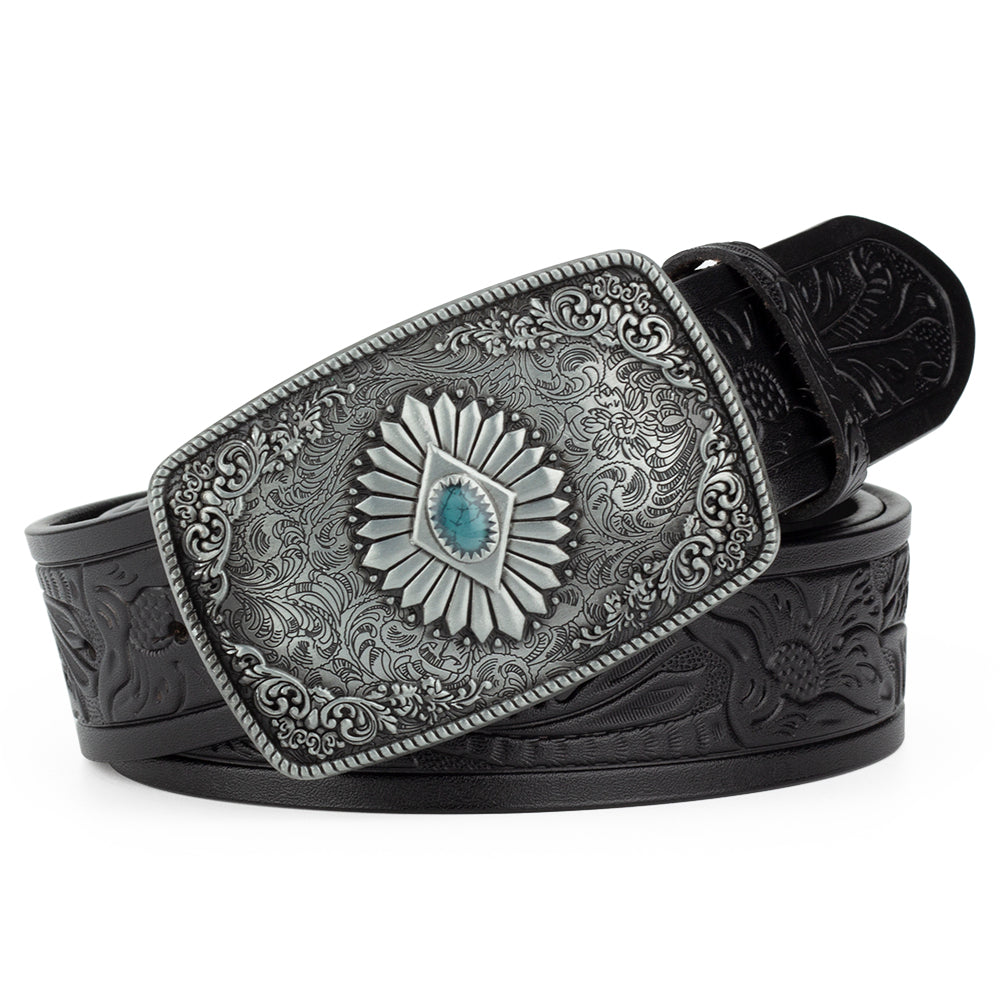 Bronze Pattern Buttoned Tang Grass Embossed Leather Belt - Belts -  Trend Goods