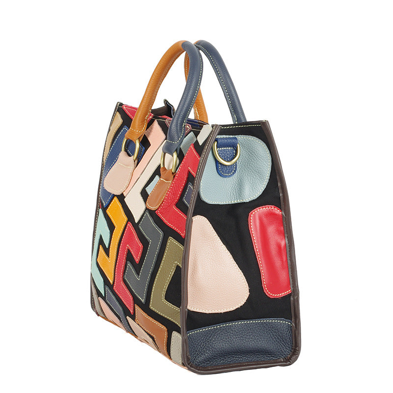 Color Contrast Geometric Pattern Stitching Leather Handbag - Handbags -  Trend Goods