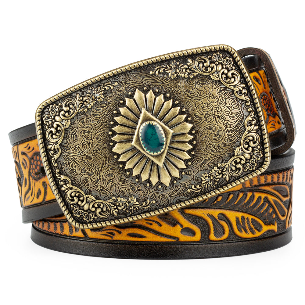 Bronze Pattern Buttoned Tang Grass Embossed Leather Belt - Belts -  Trend Goods