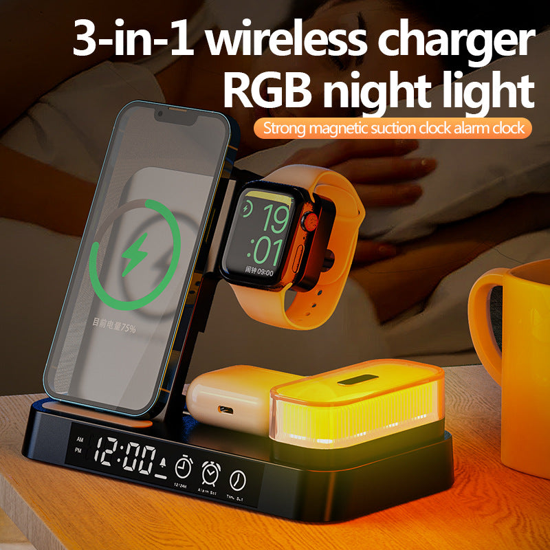 4 In 1 Multifunction Wireless Charger Station With Alarm Clock Display Foldable Wireless Charger Stand With RGB Night Light - Wireless Chargers -  Trend Goods