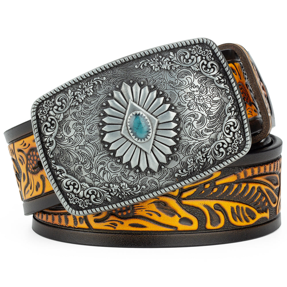 Bronze Pattern Buttoned Tang Grass Embossed Leather Belt - Belts -  Trend Goods