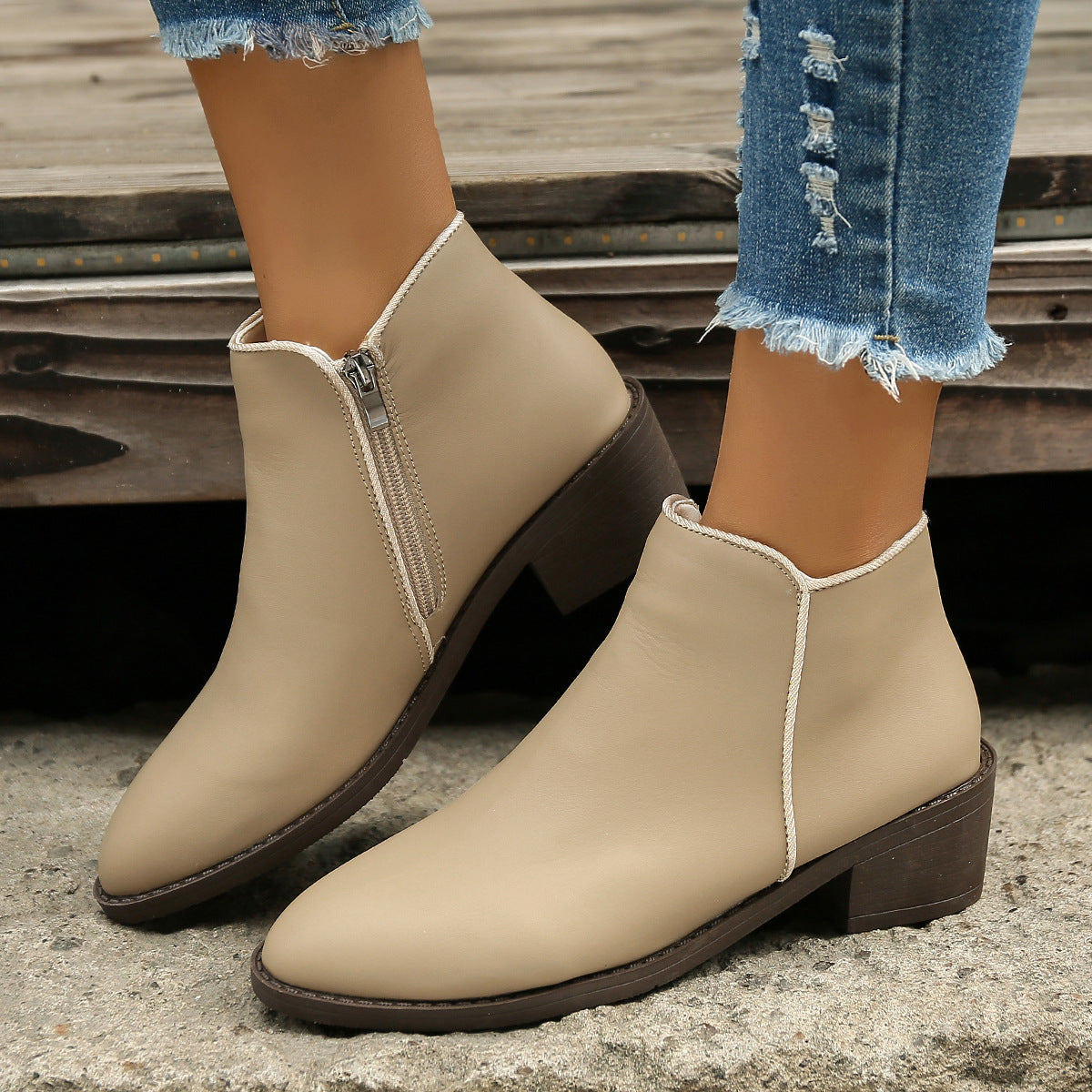 Mid Heel Waterproof Side Zipper Ankle Boots - Boots -  Trend Goods