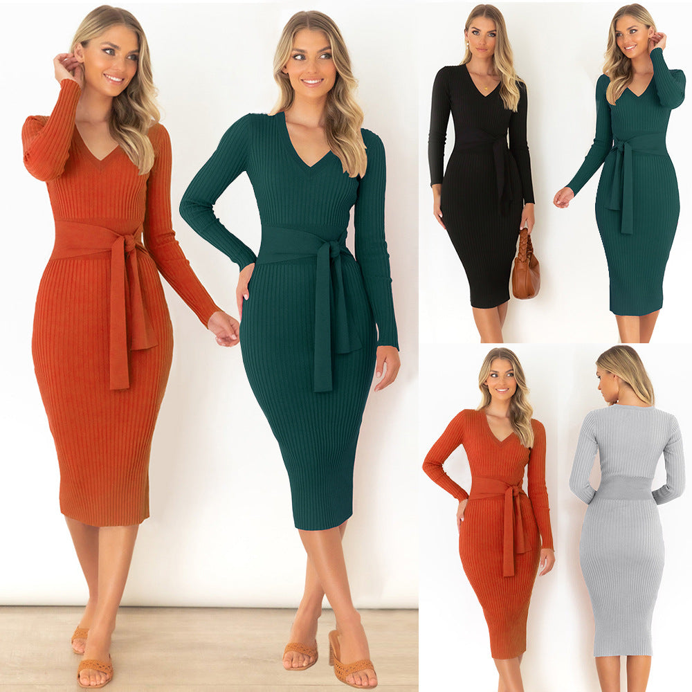 New Style Long Sleeve V-Neck Slim Dress - Dresses -  Trend Goods