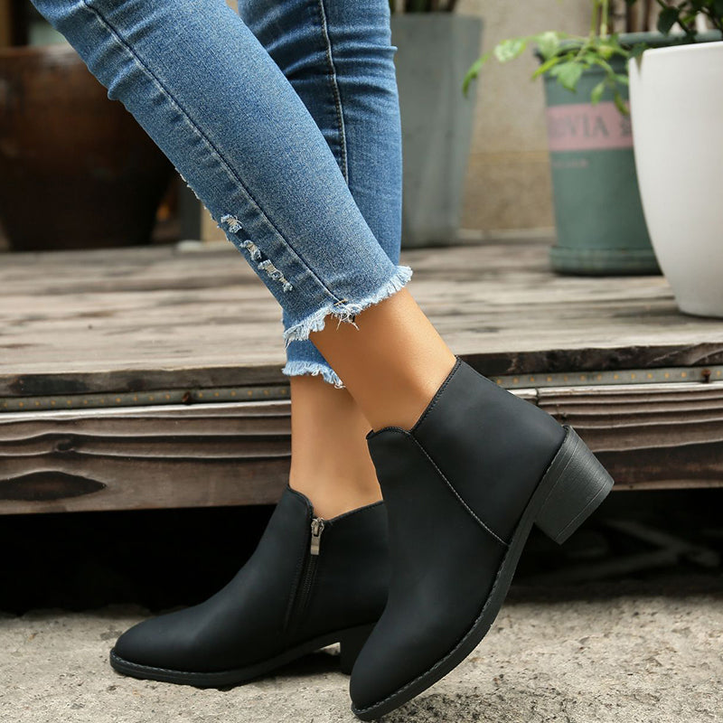 Mid Heel Waterproof Side Zipper Ankle Boots - Boots -  Trend Goods