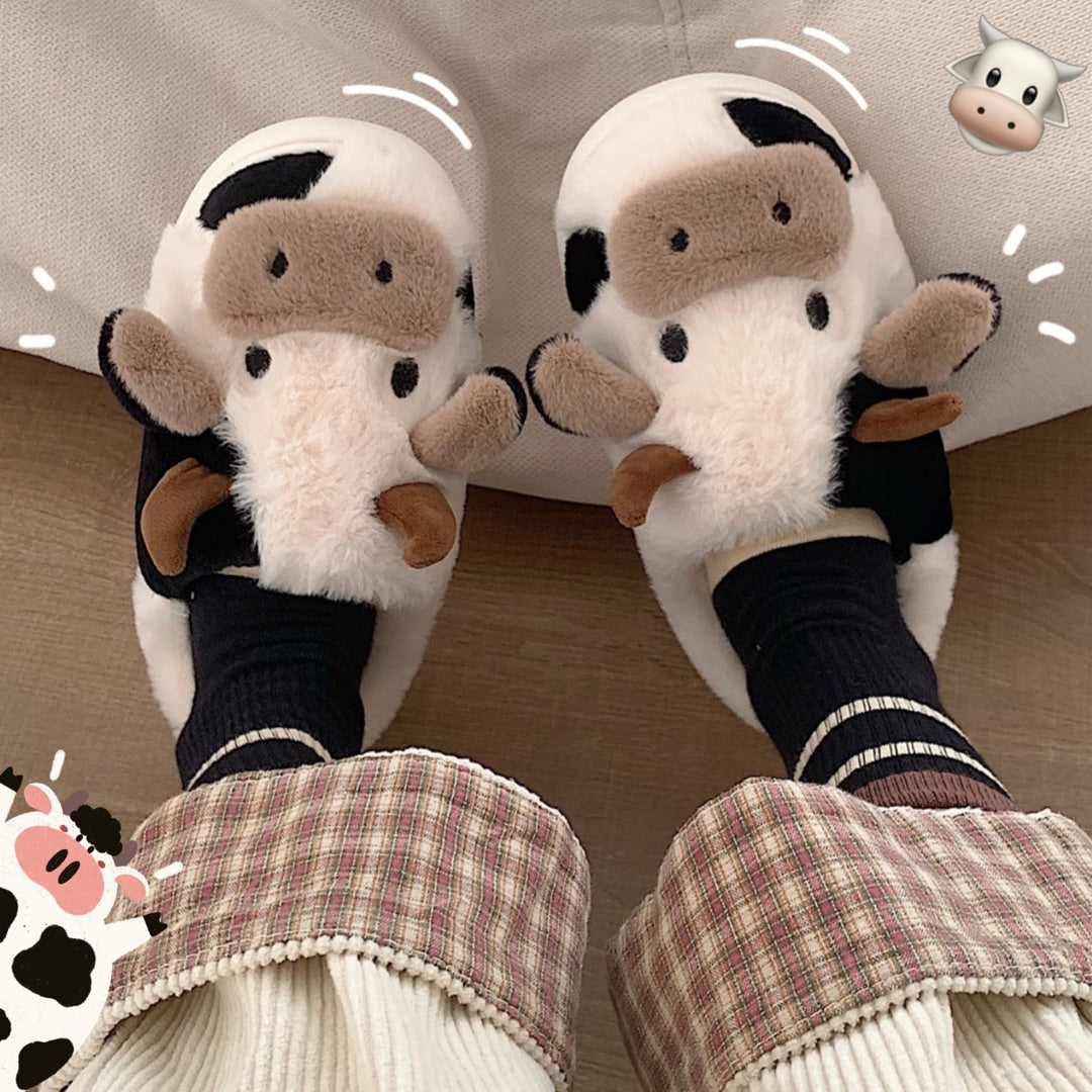 Soft Fluffy Winter Warm Cute Cartoon Milk Cow House Slippers - Slippers -  Trend Goods