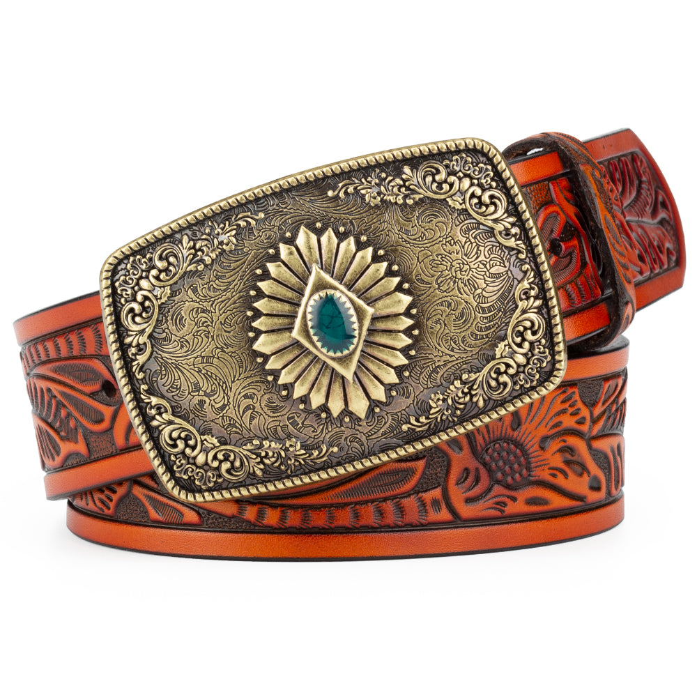 Bronze Pattern Buttoned Tang Grass Embossed Leather Belt - Belts -  Trend Goods