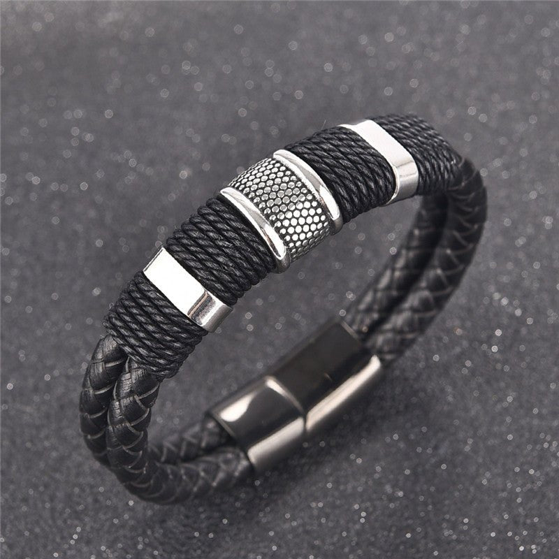 Black Braid Woven Leather Bracelet Titanium Stainless Steel Bracelet Men Bangle - Bracelets -  Trend Goods