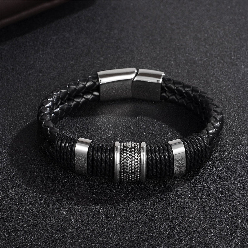 Black Braid Woven Leather Bracelet Titanium Stainless Steel Bracelet Men Bangle - Bracelets -  Trend Goods