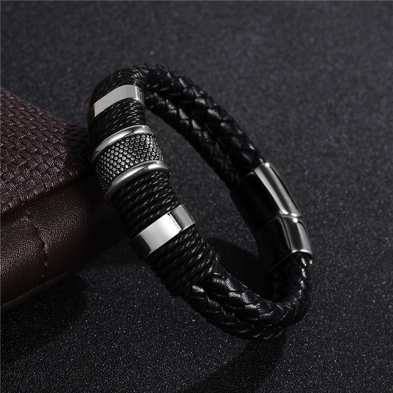 Black Braid Woven Leather Bracelet Titanium Stainless Steel Bracelet Men Bangle - Bracelets -  Trend Goods