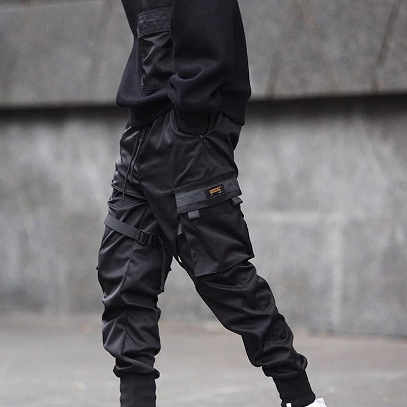 Black Hip Hop Cargo Pants Elastic Waist Jogger Trousers Sweatpants Pockets Full Length - Pants -  Trend Goods