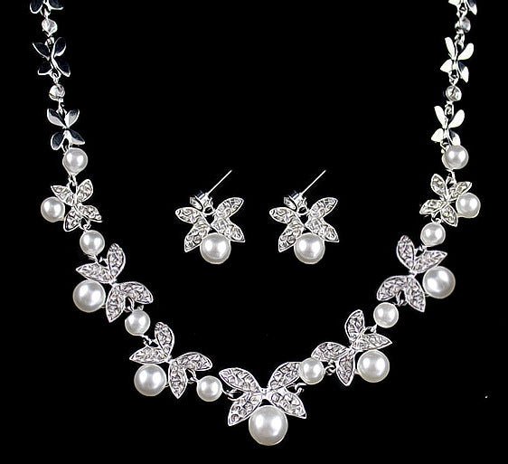 bride wedding jewelry accessories fashion diamond pearl necklace earrings set - Jewelry Sets -  Trend Goods