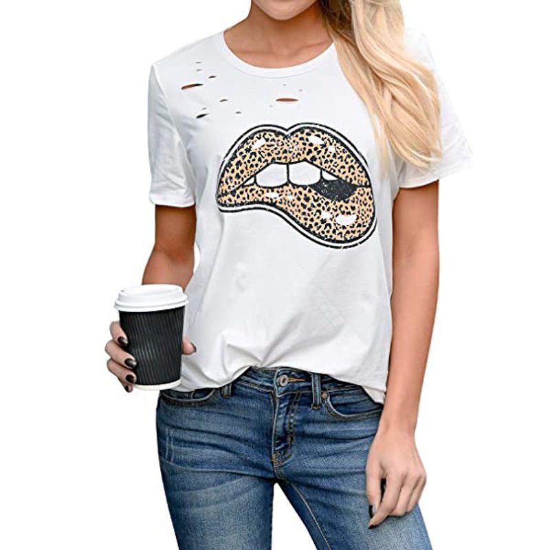Burnt Hole Aged Blouse with Leopard Lip Printed - T-Shirts -  Trend Goods