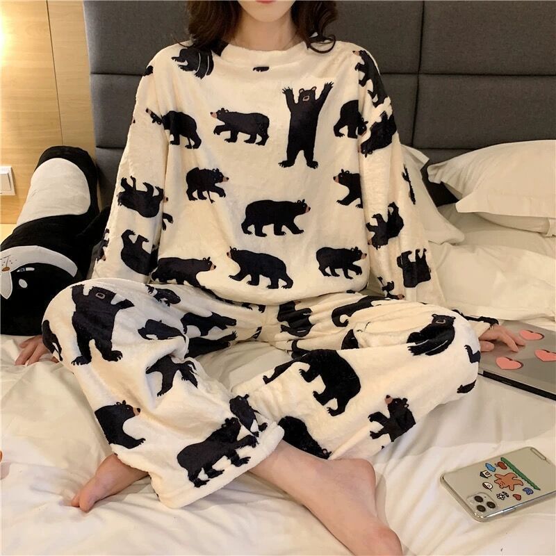 Cartoon Print Pajamas Sets Winter Warm Long Sleeve Sleepwear Home Nightclothes - Pajamas -  Trend Goods