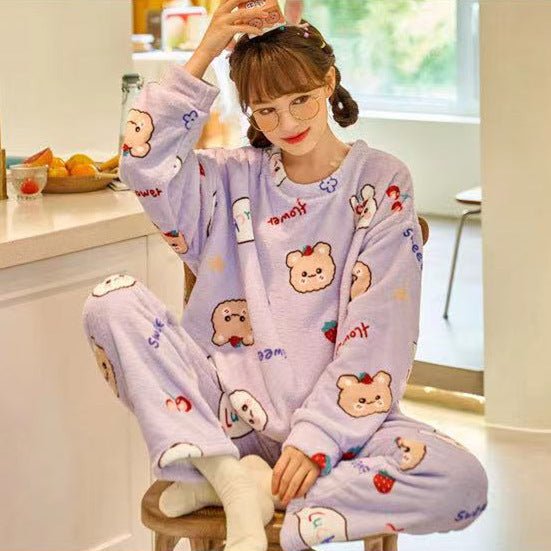 Cartoon Print Pajamas Sets Winter Warm Long Sleeve Sleepwear Home Nightclothes - Pajamas -  Trend Goods