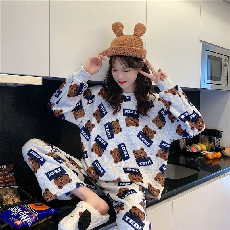 Cartoon Print Pajamas Sets Winter Warm Long Sleeve Sleepwear Home Nightclothes - Pajamas -  Trend Goods