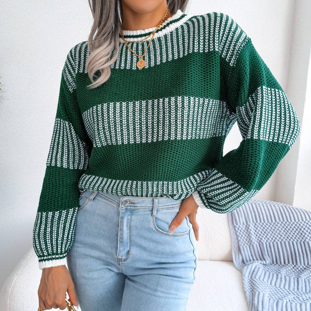 Casual Color Contrast Striped Long-sleeved Knitted Sweater - Sweaters -  Trend Goods