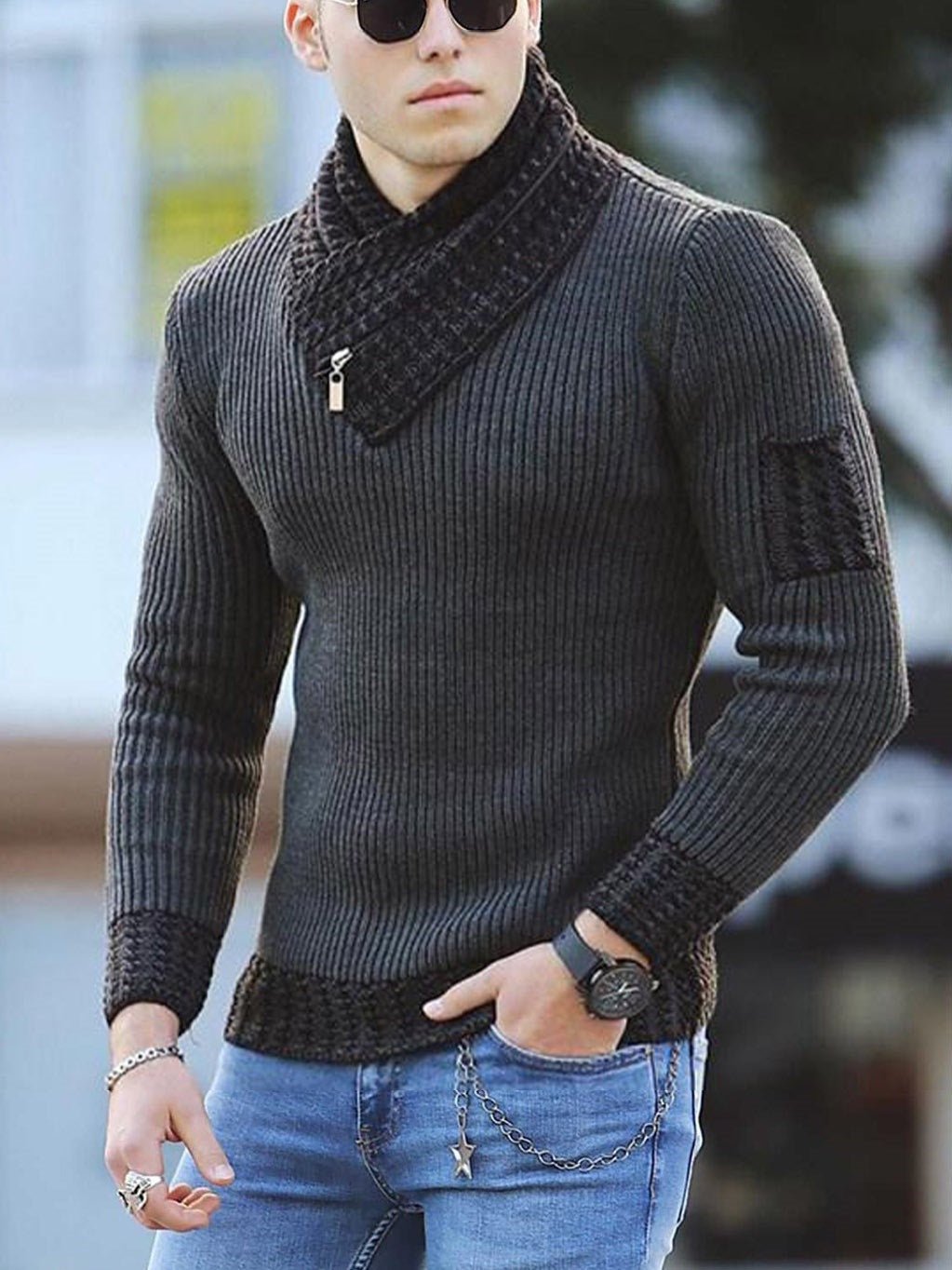 Casual Slim Knit Pullover Long Sleeve Scarf Collar Sweater Men's - Sweaters -  Trend Goods