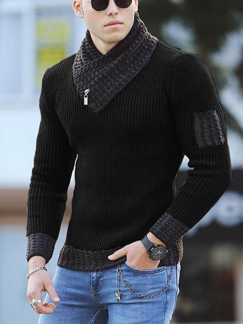 Casual Slim Knit Pullover Long Sleeve Scarf Collar Sweater Men's - Sweaters -  Trend Goods
