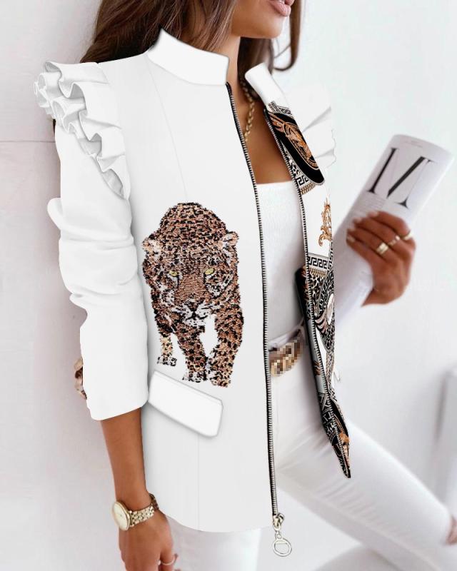 Check Leopard Print Zip Ruffle Shoulder Jacket - Jackets -  Trend Goods