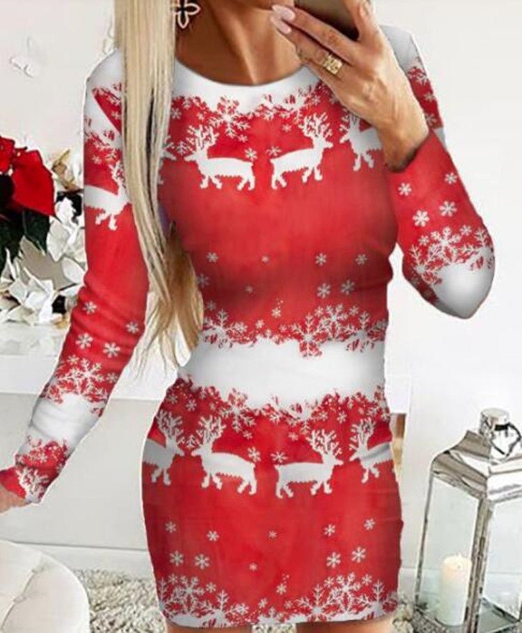 Christmas Elements Digital Positioning Printed Long Sleeve Slim Dress - Dresses -  Trend Goods