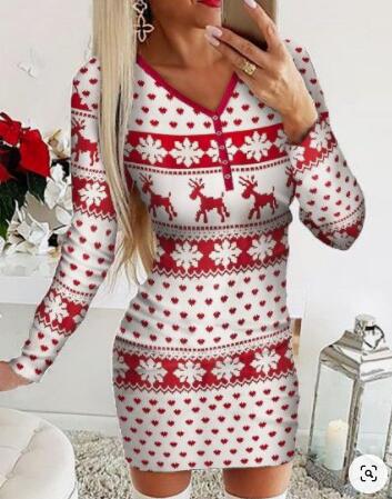 Christmas Elements Digital Positioning Printed Long Sleeve Slim Dress - Dresses -  Trend Goods