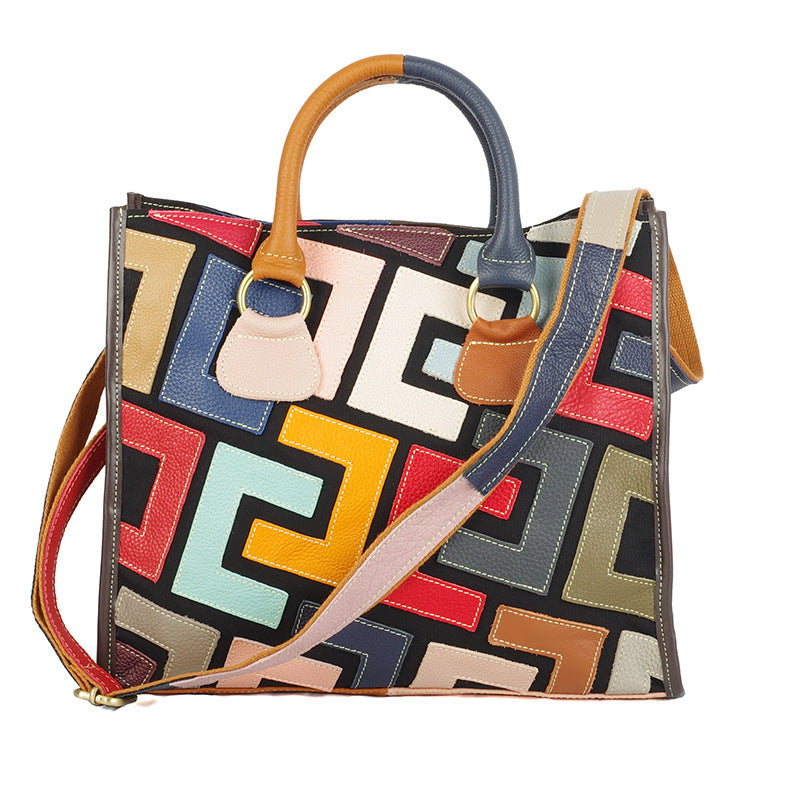 Color Contrast Geometric Pattern Stitching Leather Handbag - Handbags -  Trend Goods