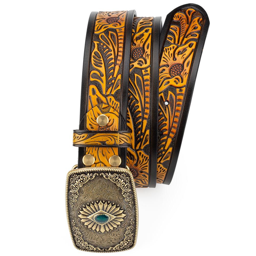 Bronze Pattern Buttoned Tang Grass Embossed Leather Belt - Belts -  Trend Goods