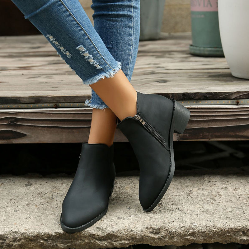 Mid Heel Waterproof Side Zipper Ankle Boots - Boots -  Trend Goods