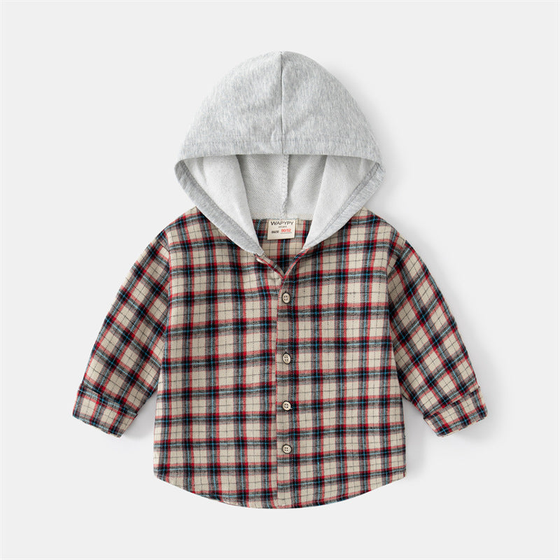 Baby Long-sleeved Plaid Hooded Shirt - Shirts -  Trend Goods