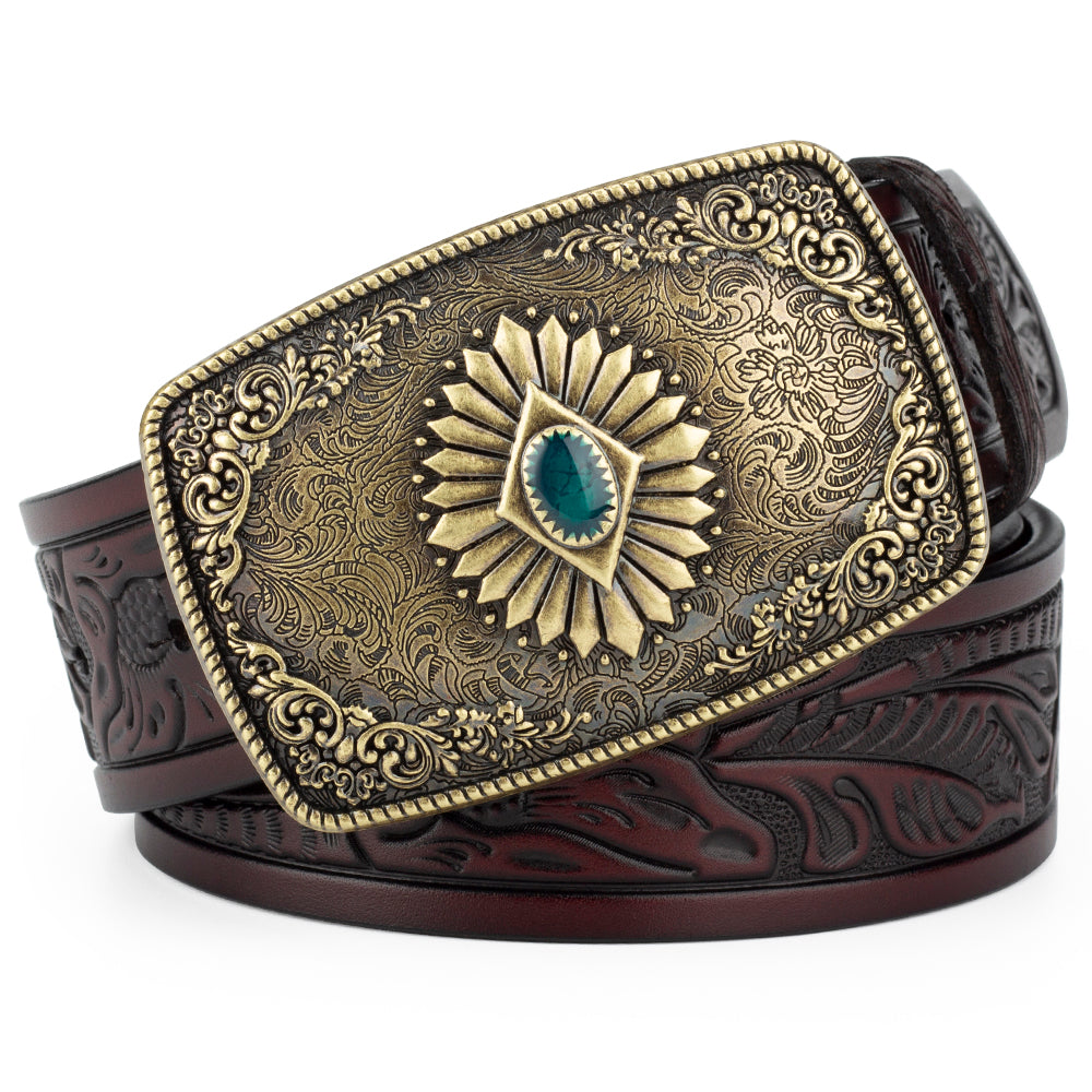 Bronze Pattern Buttoned Tang Grass Embossed Leather Belt - Belts -  Trend Goods