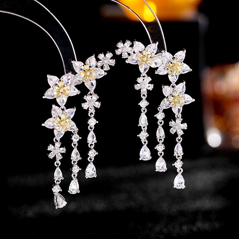 Fashion Flower Tassel Pendant Earrings For Women Wedding Crystal Dangle Earings Luxury Jewelry - Earrings -  Trend Goods