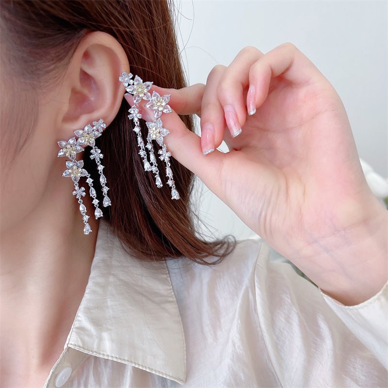 Fashion Flower Tassel Pendant Earrings For Women Wedding Crystal Dangle Earings Luxury Jewelry - Earrings -  Trend Goods