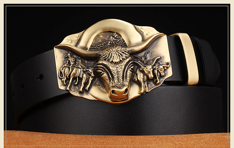 Cowhide Leather Belt With Bull Copper Buckle - Belts -  Trend Goods