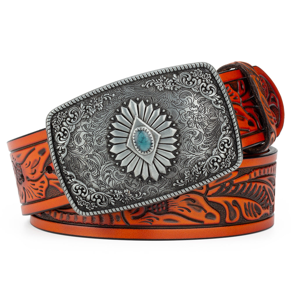 Bronze Pattern Buttoned Tang Grass Embossed Leather Belt - Belts -  Trend Goods