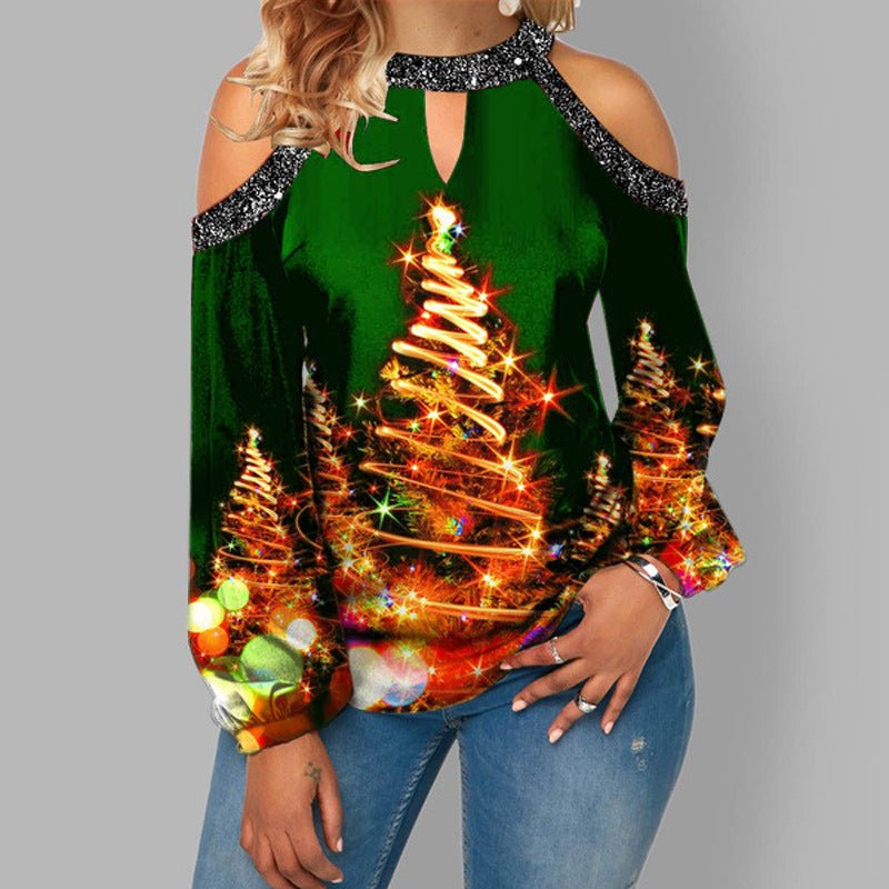 Hanging Neck Button Long Sleeve Hollow Christmas Women's T-shirt - Blouse -  Trend Goods