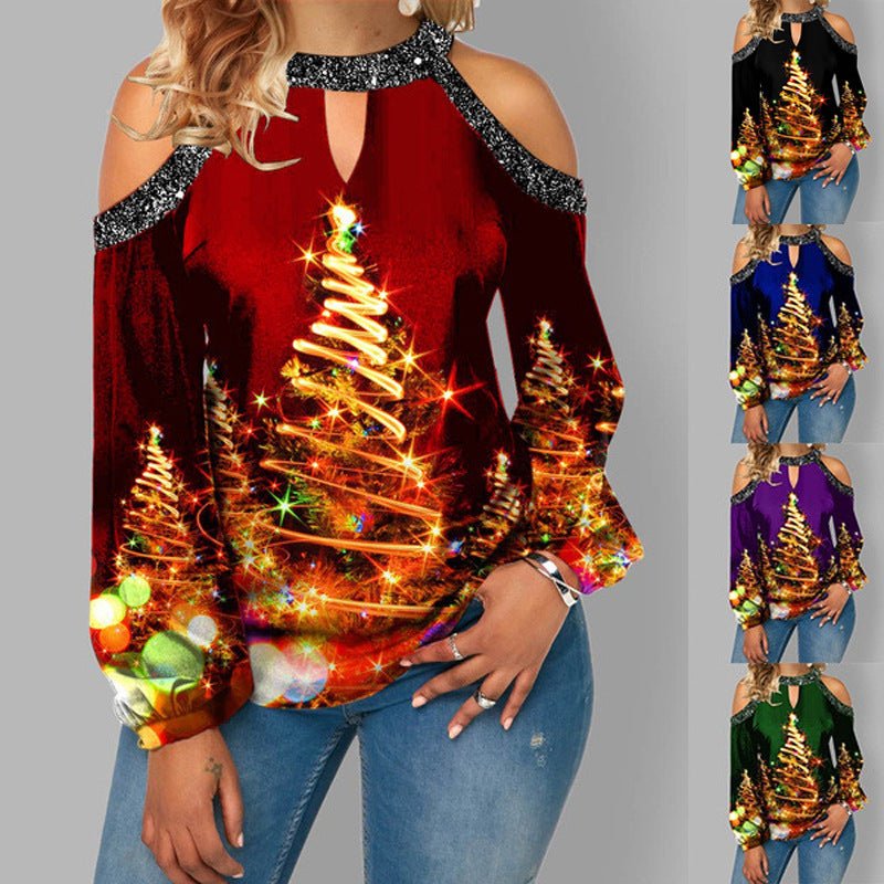 Hanging Neck Button Long Sleeve Hollow Christmas Women's T-shirt - Blouse -  Trend Goods