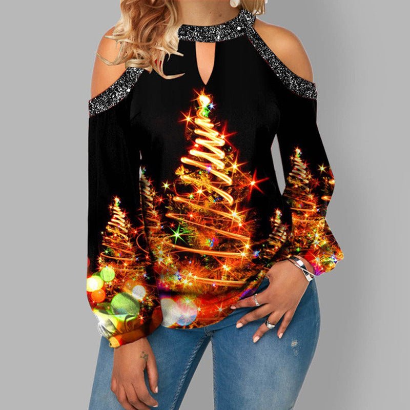 Hanging Neck Button Long Sleeve Hollow Christmas Women's T-shirt - Blouse -  Trend Goods