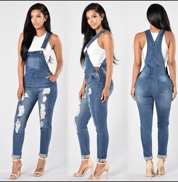 Jeans hole high elastic feet fashion denim strap pants overalls - Rompers, Jumpsuits, Overalls -  Trend Goods