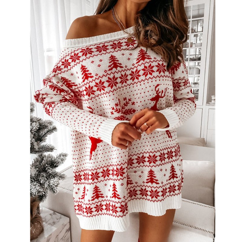 Ladies Christmas Jacquard Loose Knit Long Sleeve Dress - Dresses -  Trend Goods