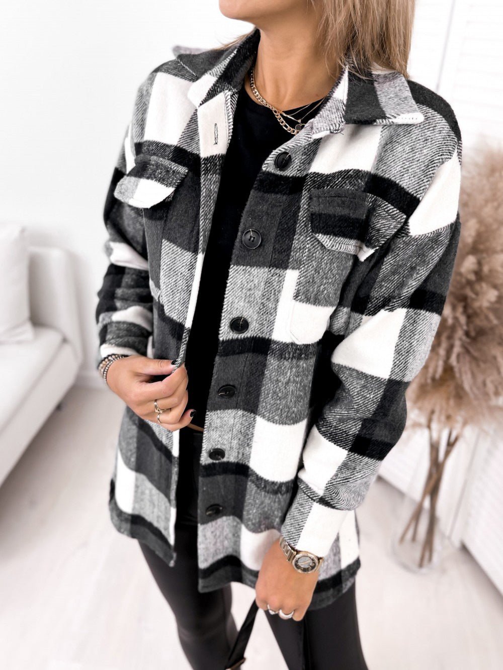 Long-sleeved Single-breasted Plaid Print Shirt Collar Woolen Jacket - Shirts -  Trend Goods